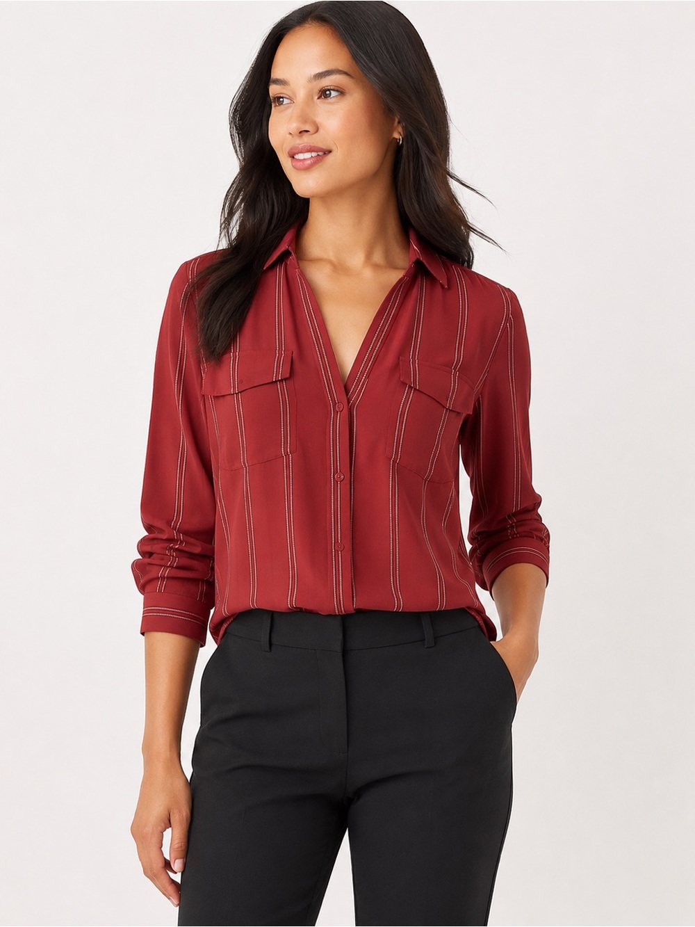 Ann Taylor Factory Rust Red Striped Utility Blouse Top Large